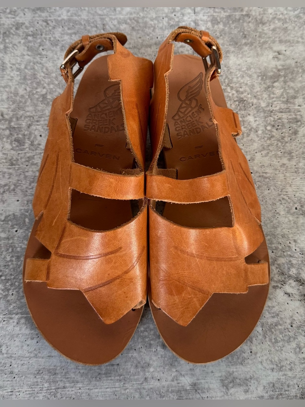 Ancient Greek Sandals Women’s Tan Leather slingback Toe Ring Size: EU 37 US 7